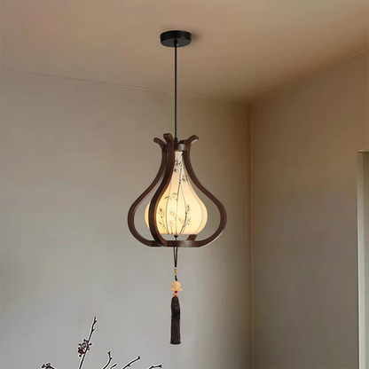 Traditional Chinese Oak Wood Hardware Fabric Pear-Shaped 1-Light Pendant Light For Living Room & Dining Room