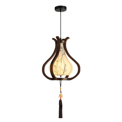 Traditional Chinese Oak Wood Hardware Fabric Pear-Shaped 1-Light Pendant Light For Living Room & Dining Room