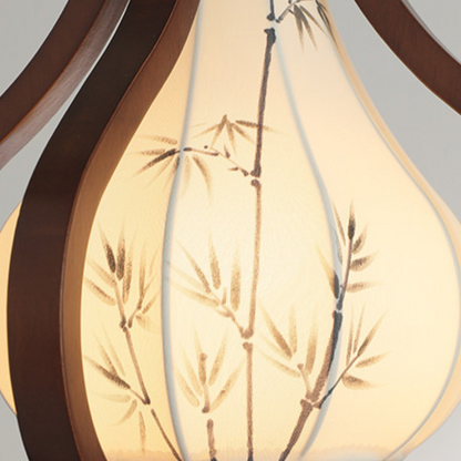 Traditional Chinese Oak Wood Hardware Fabric Pear-Shaped 1-Light Pendant Light For Living Room & Dining Room