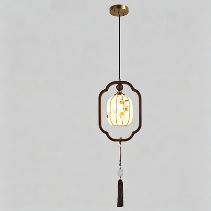 Traditional Chinese Oak Wood Fabric Lantern-Shaped 1-Light Pendant Light For Living Room