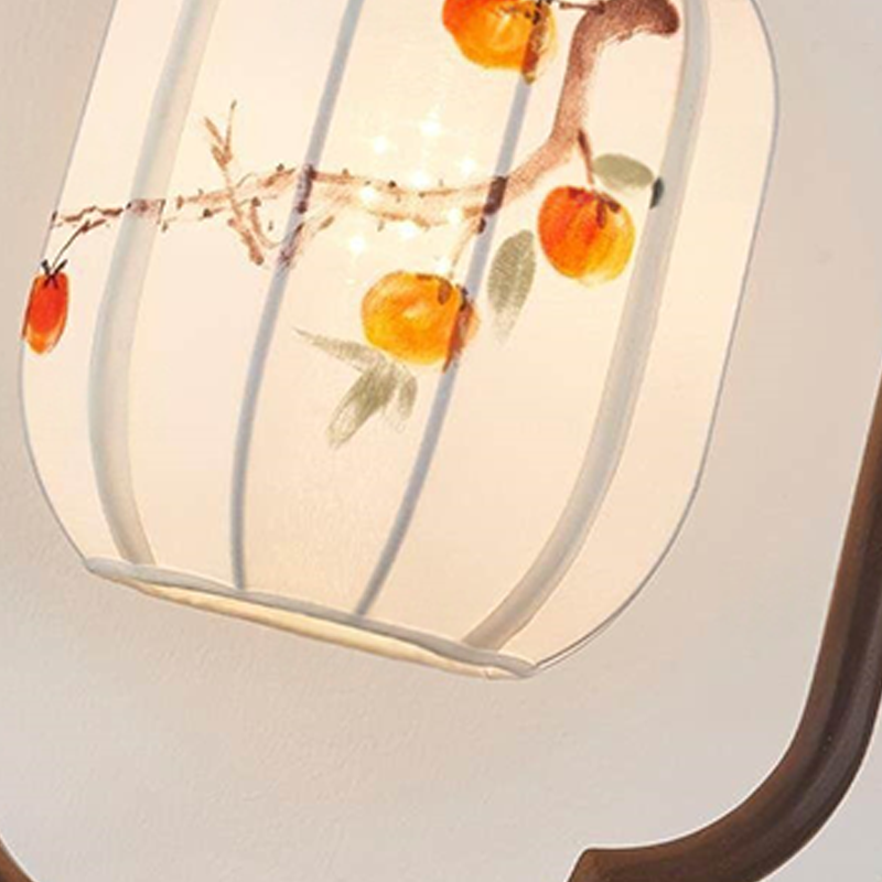 Traditional Chinese Oak Wood Fabric Lantern-Shaped 1-Light Pendant Light For Living Room