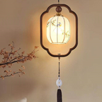 Traditional Chinese Oak Wood Fabric Lantern-Shaped 1-Light Pendant Light For Living Room