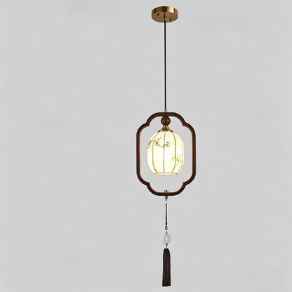 Traditional Chinese Oak Wood Fabric Lantern-Shaped 1-Light Pendant Light For Living Room