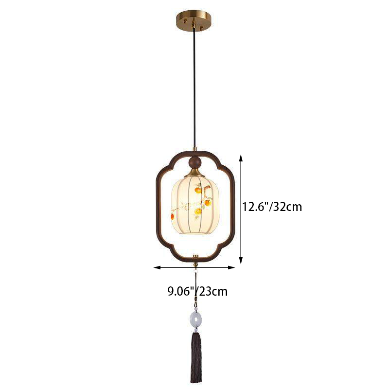Traditional Chinese Oak Wood Fabric Lantern-Shaped 1-Light Pendant Light For Living Room