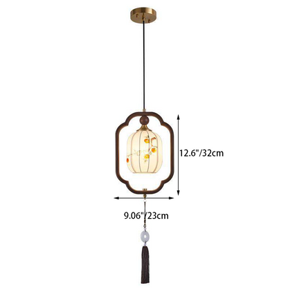 Traditional Chinese Oak Wood Fabric Lantern-Shaped 1-Light Pendant Light For Living Room