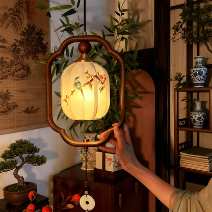 Traditional Chinese Oak Wood Fabric Lantern-Shaped 1-Light Pendant Light For Living Room
