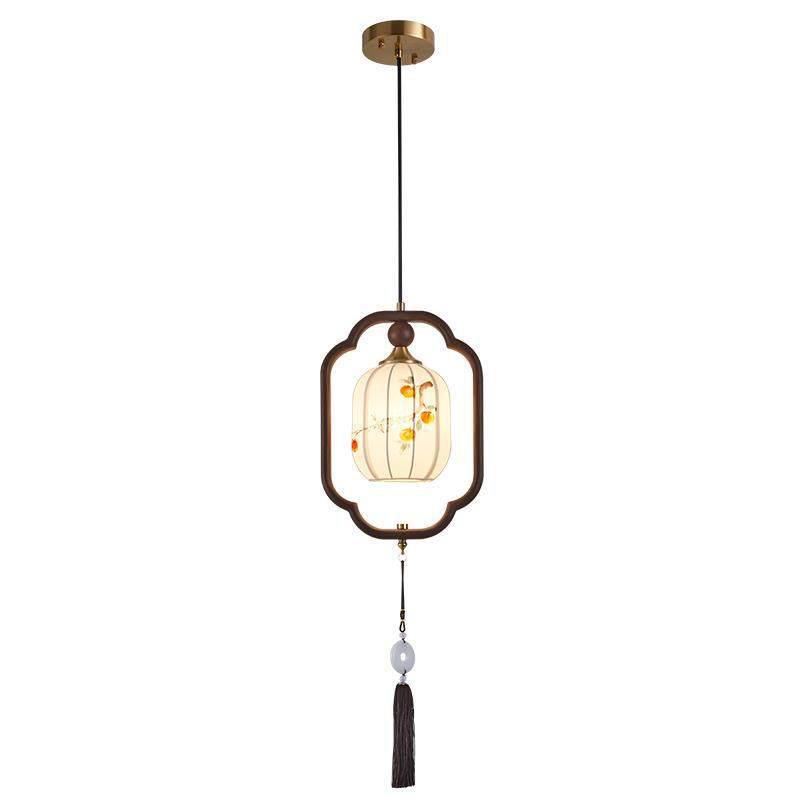 Traditional Chinese Oak Wood Fabric Lantern-Shaped 1-Light Pendant Light For Living Room