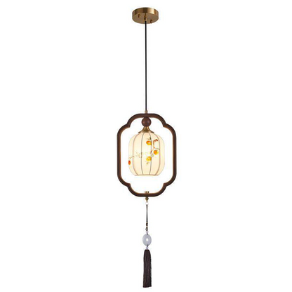 Traditional Chinese Oak Wood Fabric Lantern-Shaped 1-Light Pendant Light For Living Room