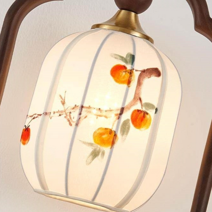 Traditional Chinese Oak Wood Fabric Lantern-Shaped 1-Light Pendant Light For Living Room