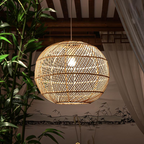 Traditional Japanese Hand-Woven Rattan Round 1-Light Pendant Light For Dining Room