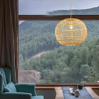 Traditional Japanese Hand-Woven Rattan Round 1-Light Pendant Light For Dining Room