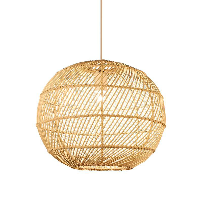 Traditional Japanese Hand-Woven Rattan Round 1-Light Pendant Light For Dining Room