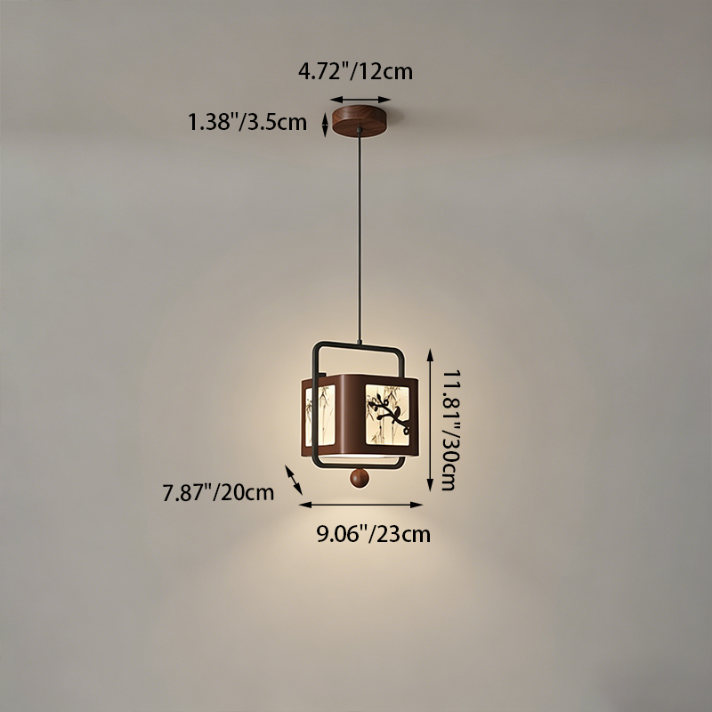 Traditional Chinese Iron Rubberwood Fabric Square LED Pendant Light For Living Room & Dining Room