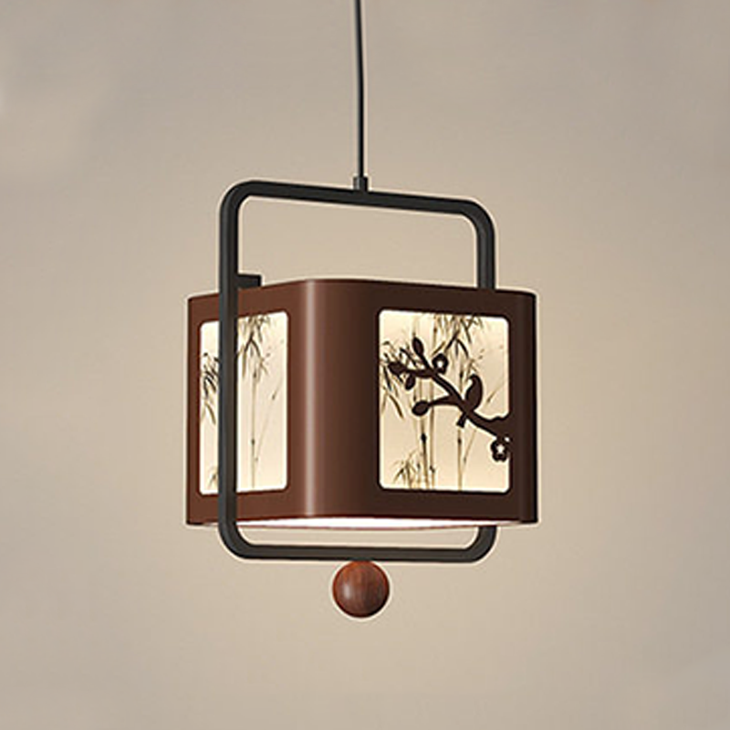 Traditional Chinese Iron Rubberwood Fabric Square LED Pendant Light For Living Room & Dining Room