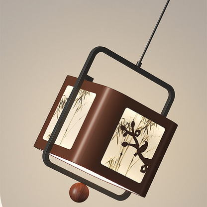 Traditional Chinese Iron Rubberwood Fabric Square LED Pendant Light For Living Room & Dining Room