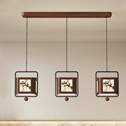 Traditional Chinese Iron Rubberwood Fabric Square LED Pendant Light For Living Room & Dining Room