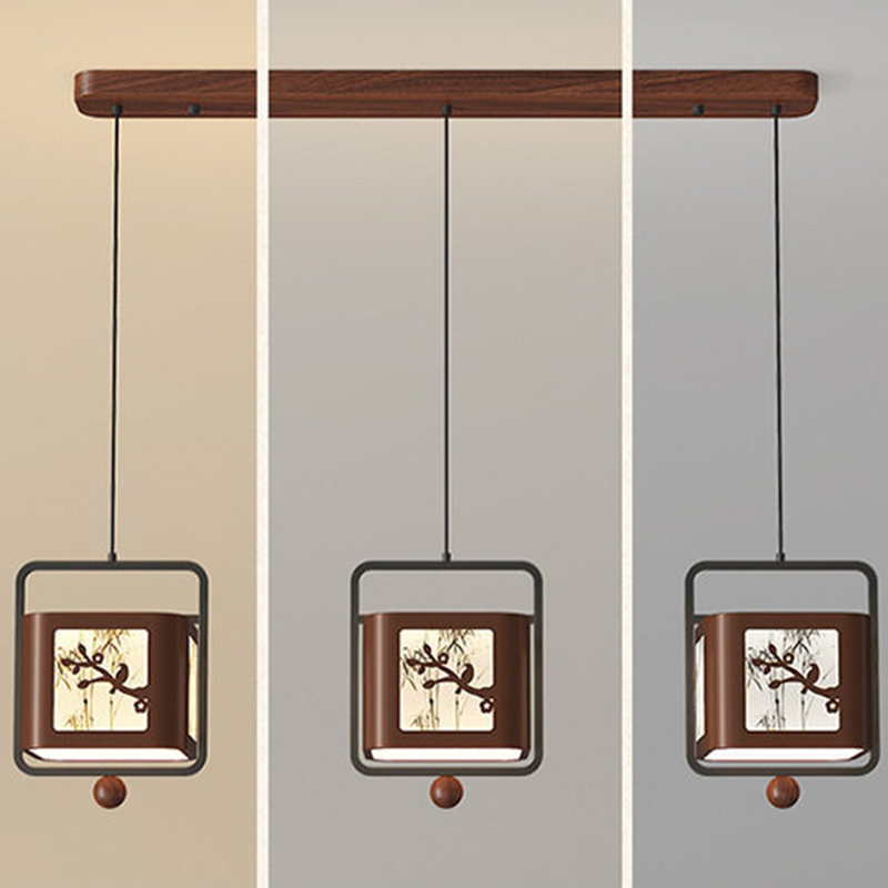 Traditional Chinese Iron Rubberwood Fabric Square LED Pendant Light For Living Room & Dining Room