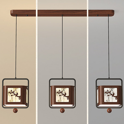 Traditional Chinese Iron Rubberwood Fabric Square LED Pendant Light For Living Room & Dining Room