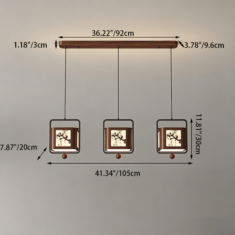 Traditional Chinese Iron Rubberwood Fabric Square LED Pendant Light For Living Room & Dining Room