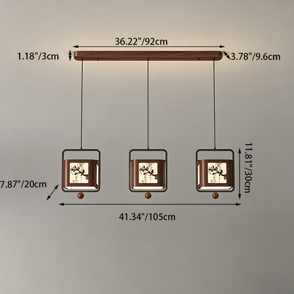 Traditional Chinese Iron Rubberwood Fabric Square LED Pendant Light For Living Room & Dining Room