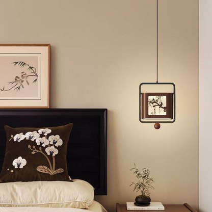 Traditional Chinese Iron Rubberwood Fabric Square LED Pendant Light For Living Room & Dining Room
