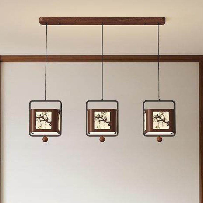 Traditional Chinese Iron Rubberwood Fabric Square LED Pendant Light For Living Room & Dining Room