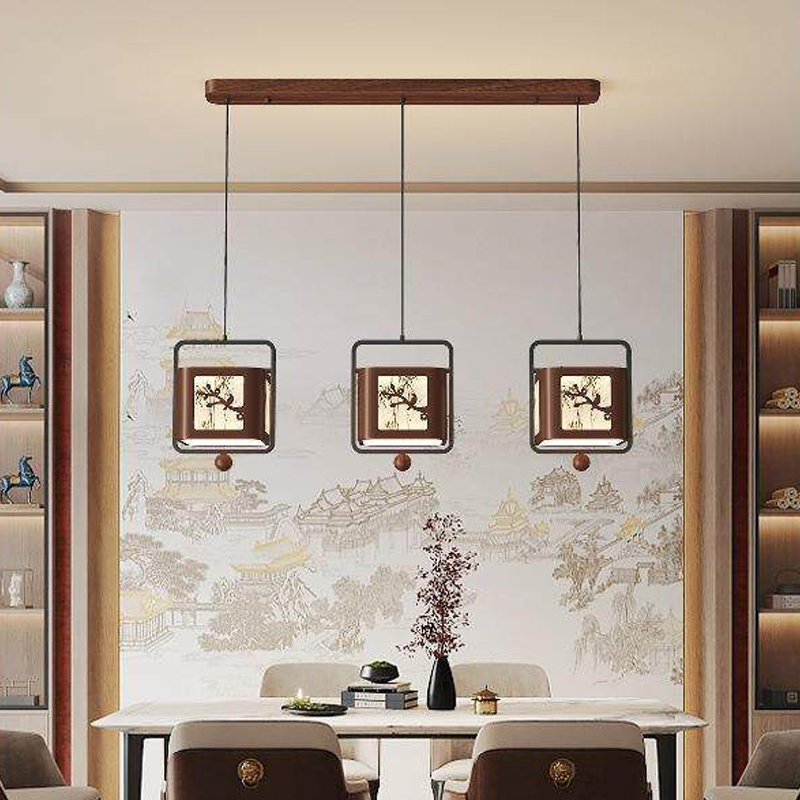Traditional Chinese Iron Rubberwood Fabric Square LED Pendant Light For Living Room & Dining Room