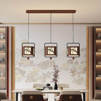 Traditional Chinese Iron Rubberwood Fabric Square LED Pendant Light For Living Room & Dining Room