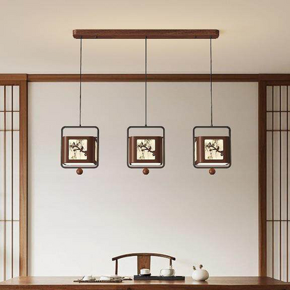 Traditional Chinese Iron Rubberwood Fabric Square LED Pendant Light For Living Room & Dining Room