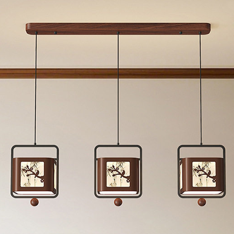 Traditional Chinese Iron Rubberwood Fabric Square LED Pendant Light For Living Room & Dining Room