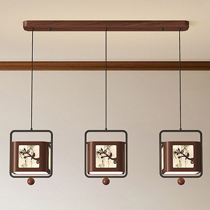 Traditional Chinese Iron Rubberwood Fabric Square LED Pendant Light For Living Room & Dining Room