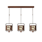 Traditional Chinese Iron Rubberwood Fabric Square LED Pendant Light For Living Room & Dining Room