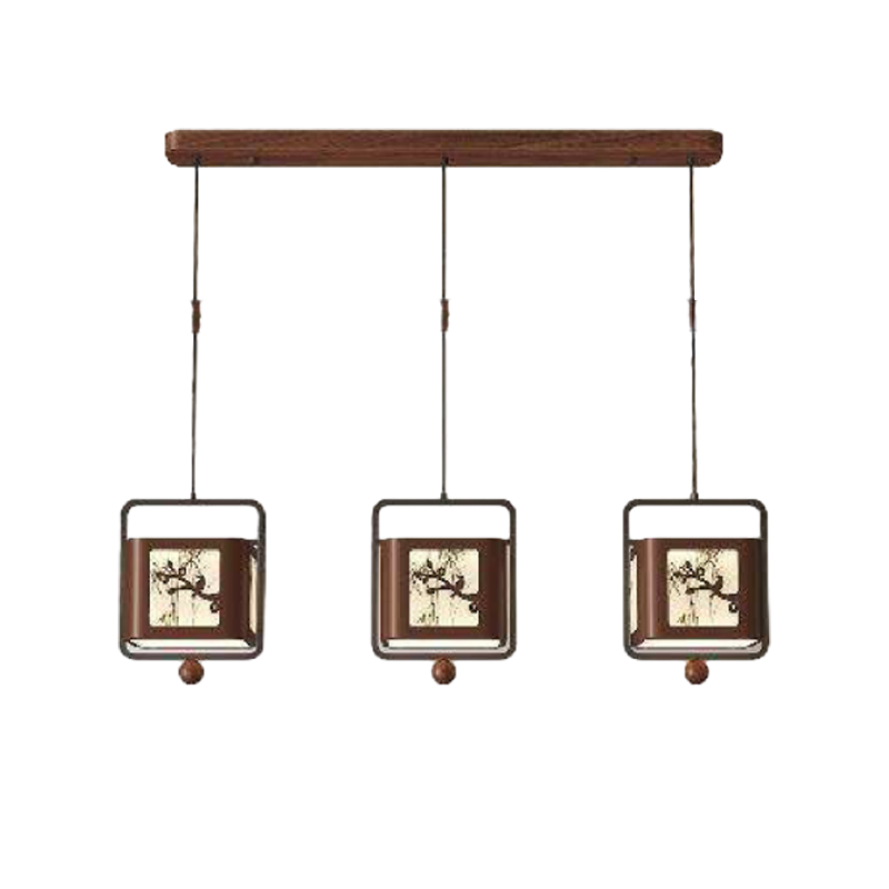 Traditional Chinese Iron Rubberwood Fabric Square LED Pendant Light For Living Room & Dining Room