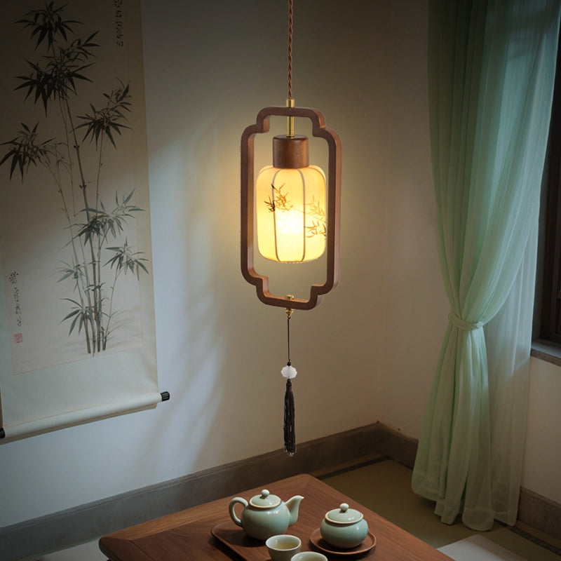 Traditional Chinese Hardware Solid Wood Fabric Lantern 1-Light Pendant Light For Living Room & Bedroom