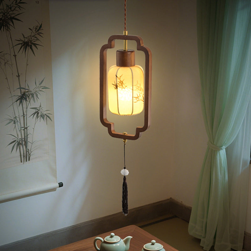 Traditional Chinese Hardware Solid Wood Fabric Lantern 1-Light Pendant Light For Living Room & Bedroom
