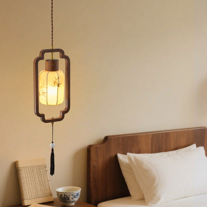 Traditional Chinese Hardware Solid Wood Fabric Lantern 1-Light Pendant Light For Living Room & Bedroom