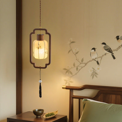Traditional Chinese Hardware Solid Wood Fabric Lantern 1-Light Pendant Light For Living Room & Bedroom