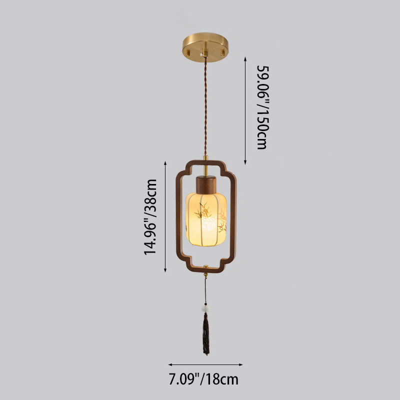 Traditional Chinese Hardware Solid Wood Fabric Lantern 1-Light Pendant Light For Living Room & Bedroom