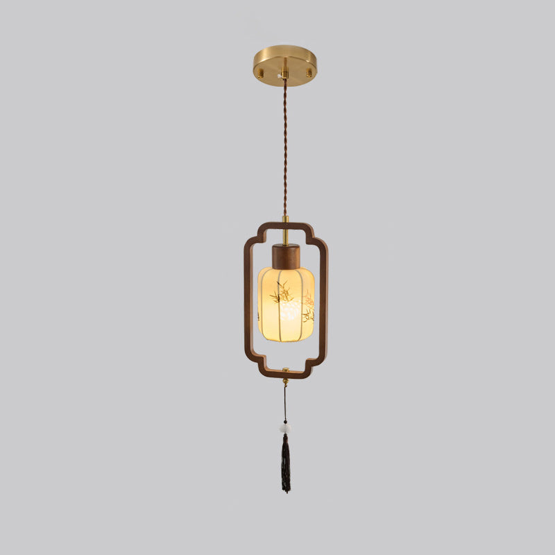 Traditional Chinese Hardware Solid Wood Fabric Lantern 1-Light Pendant Light For Living Room & Bedroom