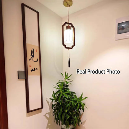 Traditional Chinese Hardware Solid Wood Fabric Lantern 1-Light Pendant Light For Living Room & Bedroom