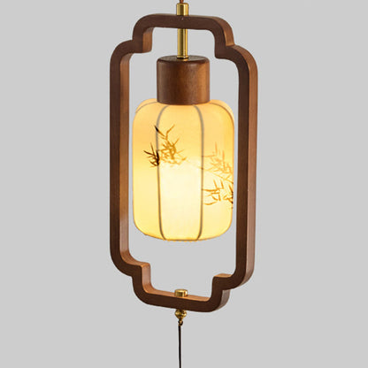 Traditional Chinese Hardware Solid Wood Fabric Lantern 1-Light Pendant Light For Living Room & Bedroom