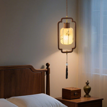 Traditional Chinese Hardware Solid Wood Fabric Lantern 1-Light Pendant Light For Living Room & Bedroom