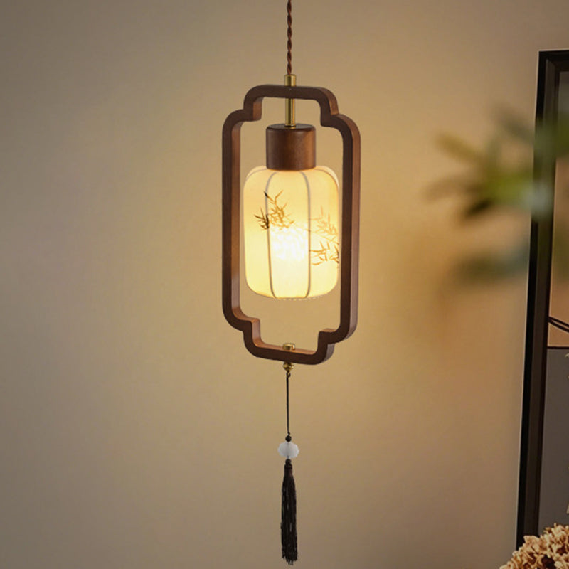 Traditional Chinese Hardware Solid Wood Fabric Lantern 1-Light Pendant Light For Living Room & Bedroom
