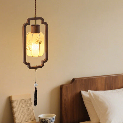 Traditional Chinese Hardware Solid Wood Fabric Lantern 1-Light Pendant Light For Living Room & Bedroom
