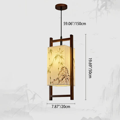 Traditional Chinese Solid Wood Fabric Lantern 1-Light Pendant Light For Living Room & Dining Room
