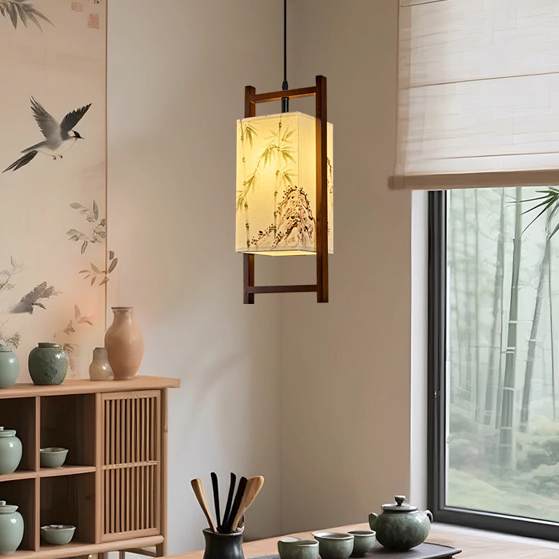 Traditional Chinese Solid Wood Fabric Lantern 1-Light Pendant Light For Living Room & Dining Room