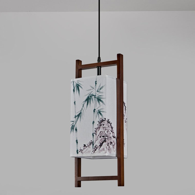 Traditional Chinese Solid Wood Fabric Lantern 1-Light Pendant Light For Living Room & Dining Room