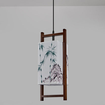 Traditional Chinese Solid Wood Fabric Lantern 1-Light Pendant Light For Living Room & Dining Room