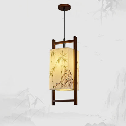 Traditional Chinese Solid Wood Fabric Lantern 1-Light Pendant Light For Living Room & Dining Room