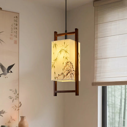 Traditional Chinese Solid Wood Fabric Lantern 1-Light Pendant Light For Living Room & Dining Room